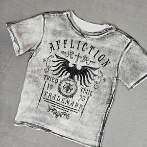 Affliction T-Shirt Mens Medium (Small) Gray S/S Tried & True Skull Pinkman Y2k
